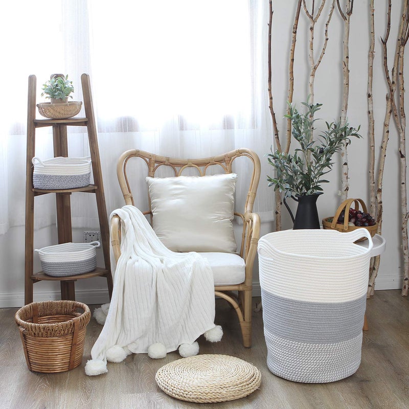 Sea Team Large Size Cotton Rope Woven Storage Basket with Handles, Laundry Hamper, Fabric Bucket, Drum, Clothes Toys Organizer for Kid's Room, 20 x 14 inches, Round Open Design, White & Mottled Grey - Image 3